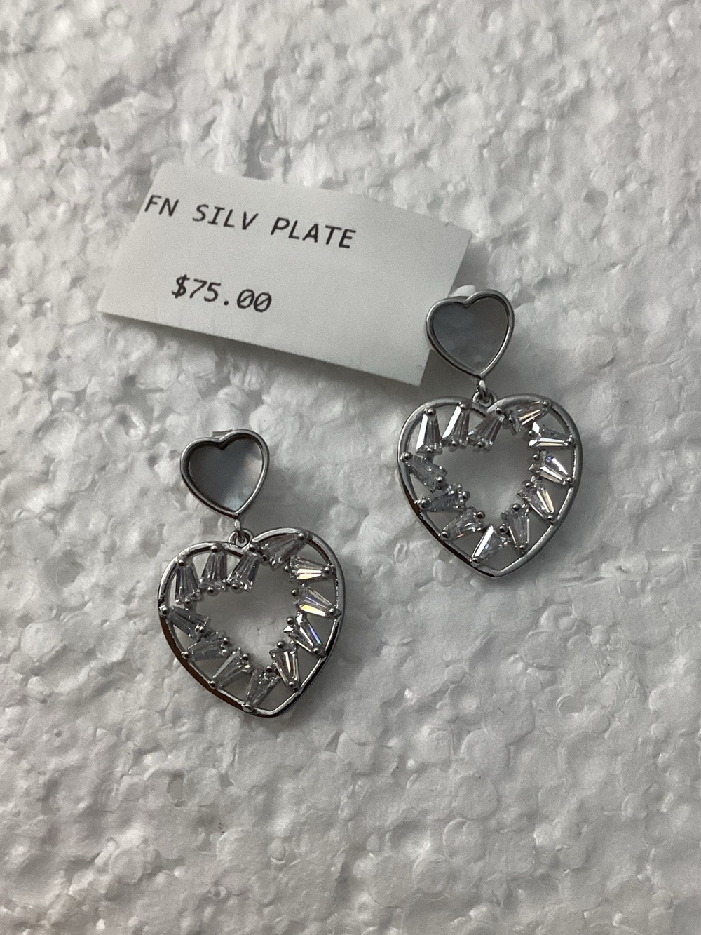 Silver Heart Drop Earrings with Crystal Accents